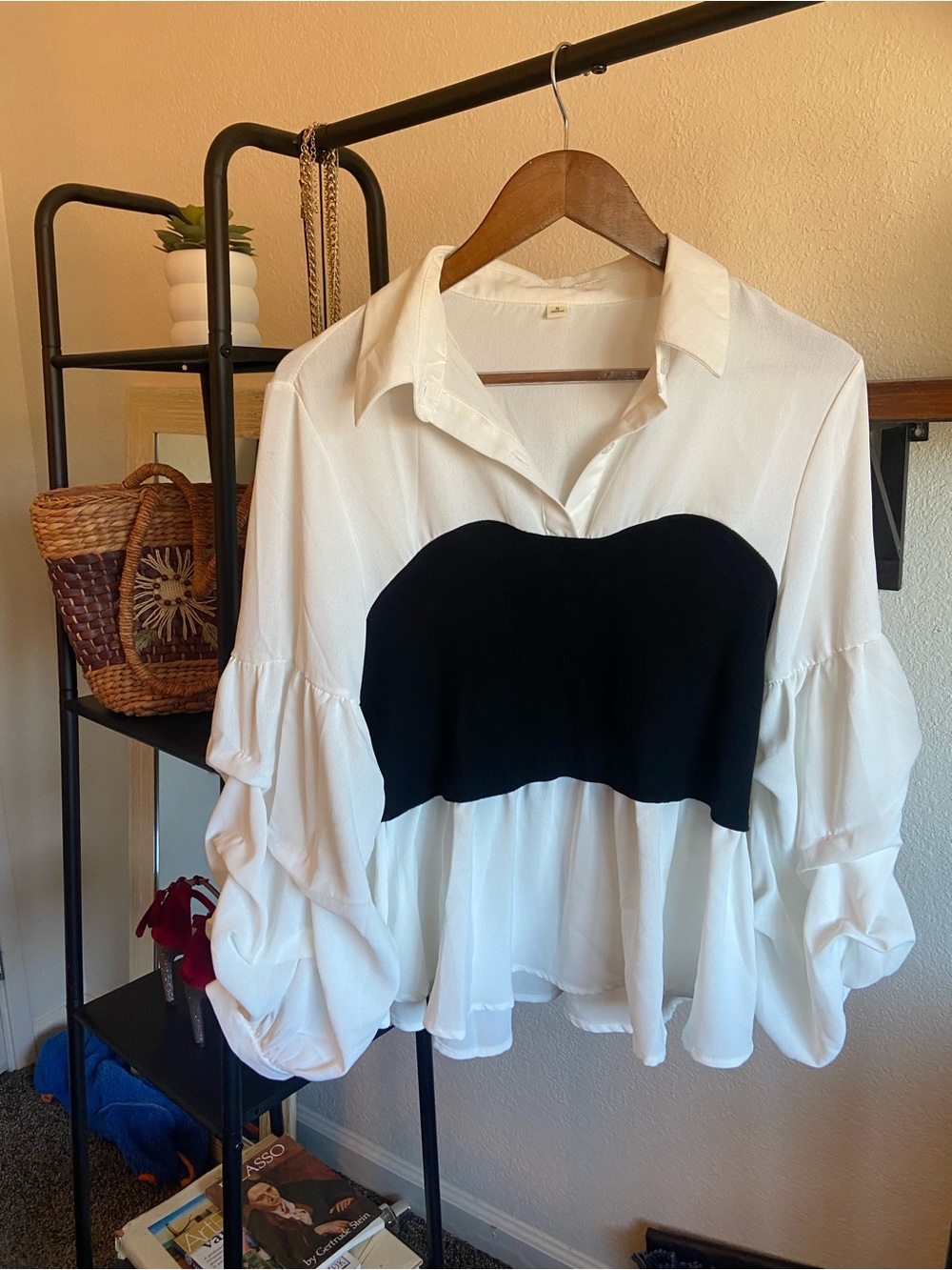 White Puff Sleeve Blouse with Black Bustier Layer